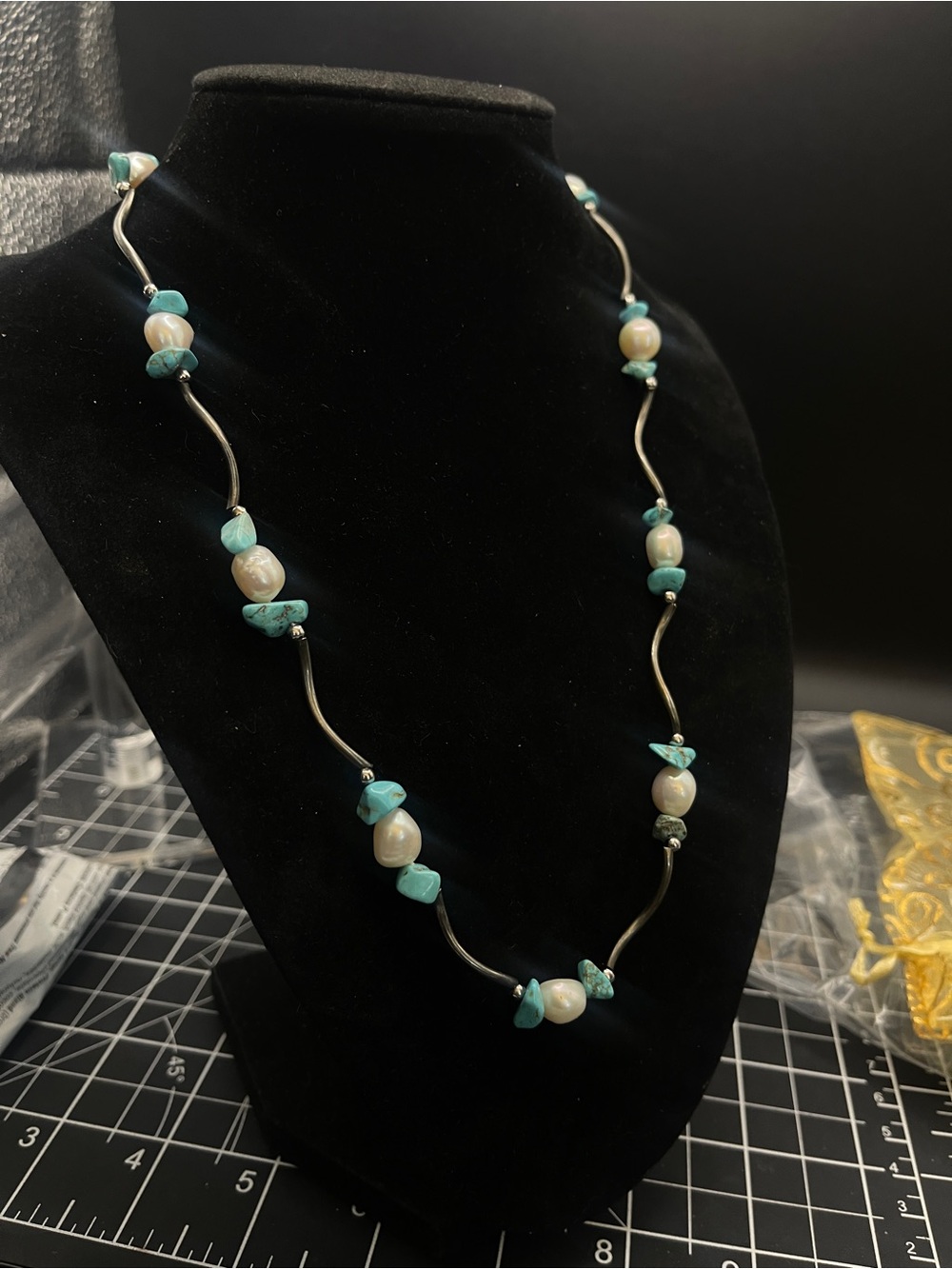 Turquoise and Pearl Beaded Necklace - Unbranded